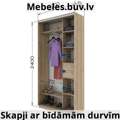skapis ar 2 bīdāmām durvīm ar spoguli 12024045 cm krāsa sonoma2 atvilktnes - Skapis ar četrām bīdāmām durvīm